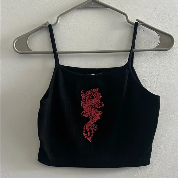 SHEIN Black Ribbed Cropped Camisole with Red Dragon Embroidery - Picture 1 of 4